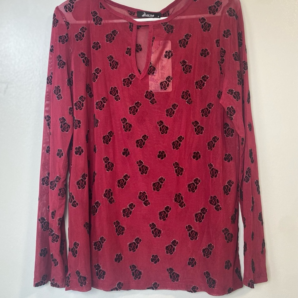 Dark Red Sheer Mesh Blck Floral Rhinestone Long Sleeve Top Y2K Vintage Small‎
